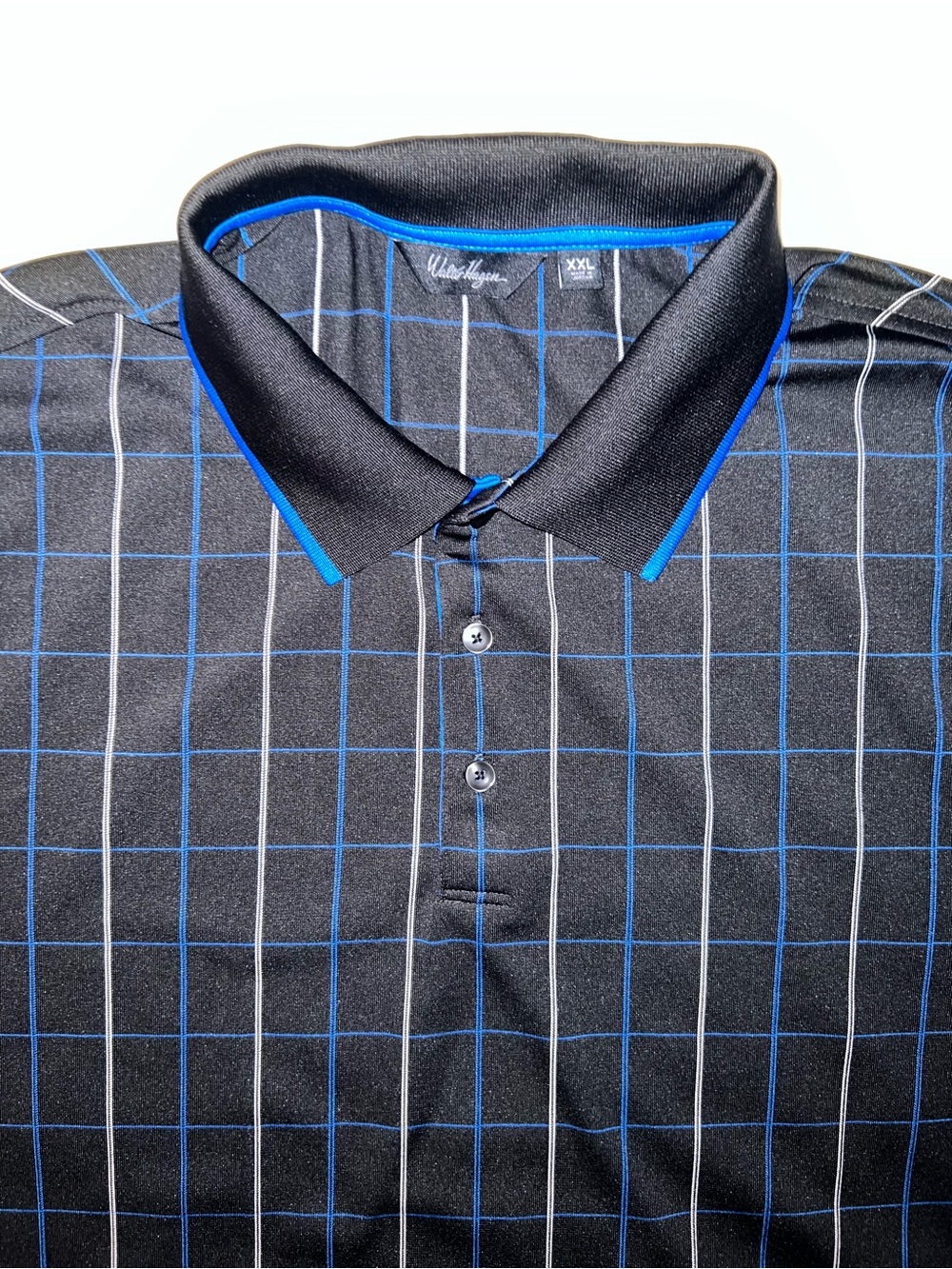 Walter Hagen Men’s 2XL Performance Black Blue Grey Plaid Grid Polo